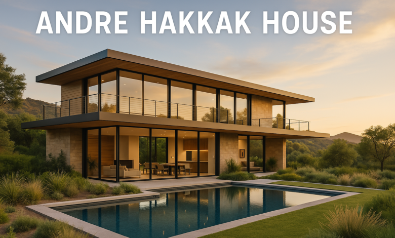 Stunning view of the Andre Hakkak House showcasing modern architecture and eco-friendly design, Exterior of the Andre Hakkak House with glass walls and contemporary landscaping