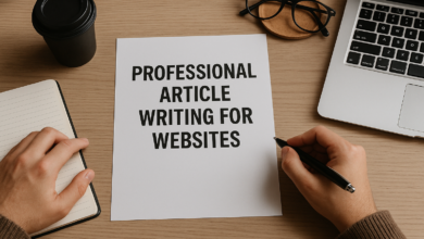 A content writer working on a laptop, creating professional articles for websites with SEO tools and content outlines.