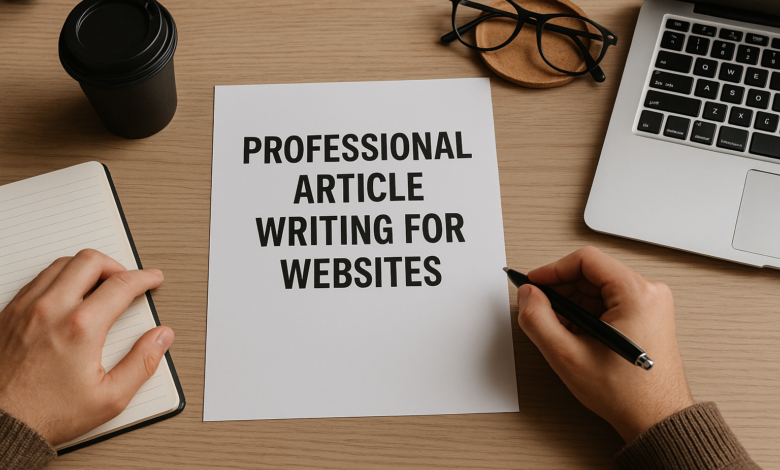 A content writer working on a laptop, creating professional articles for websites with SEO tools and content outlines.